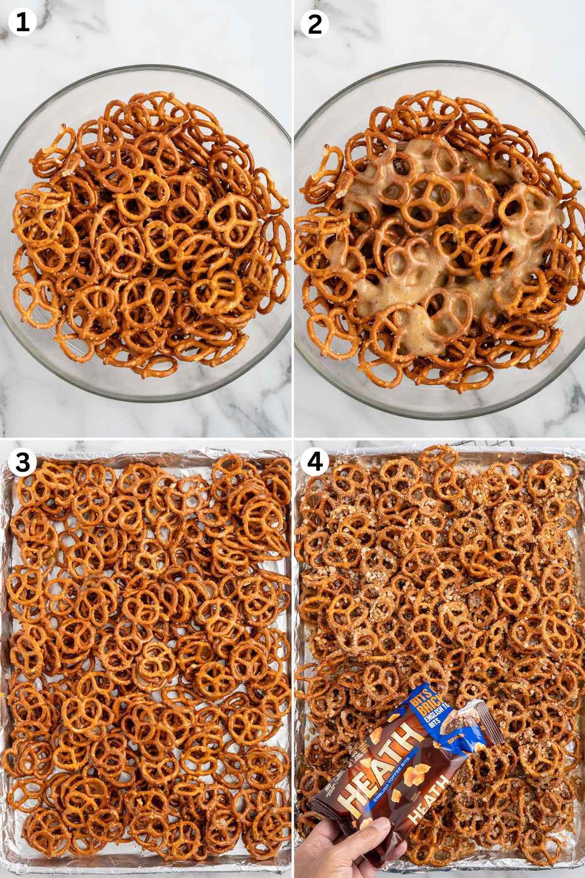 make the toffee mixture, pour over into the pretzels and and mix well.  Spread the pretzels on baking sheet and sprinkle the top with toffee bits