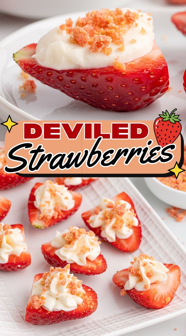 cheesecake deviled strawberries arranged on a tray.