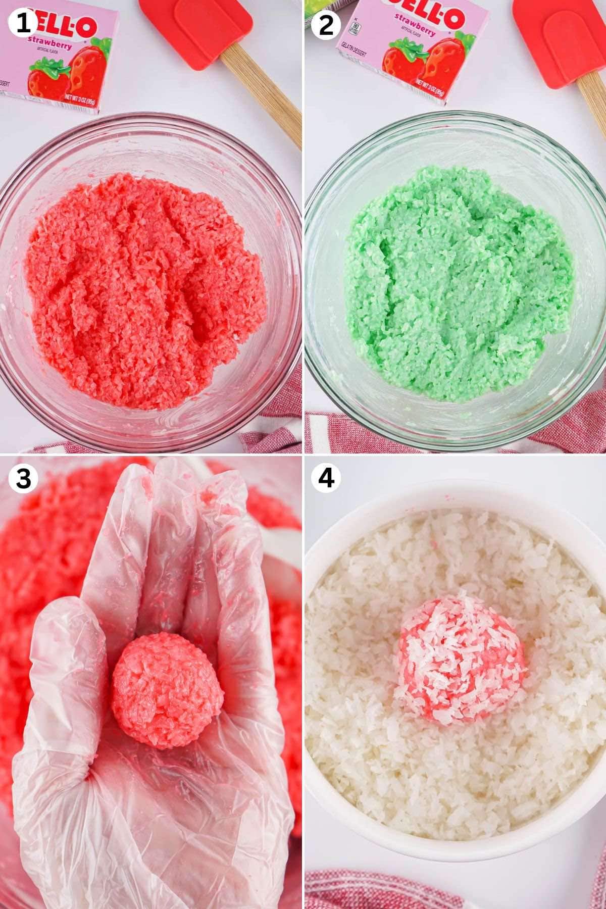 Place the red jello powder in one bowl. Green jello powder in another bowl. Roll all the red mixture into balls. Roll it in a bowl of the coconut until it’s fully coated.