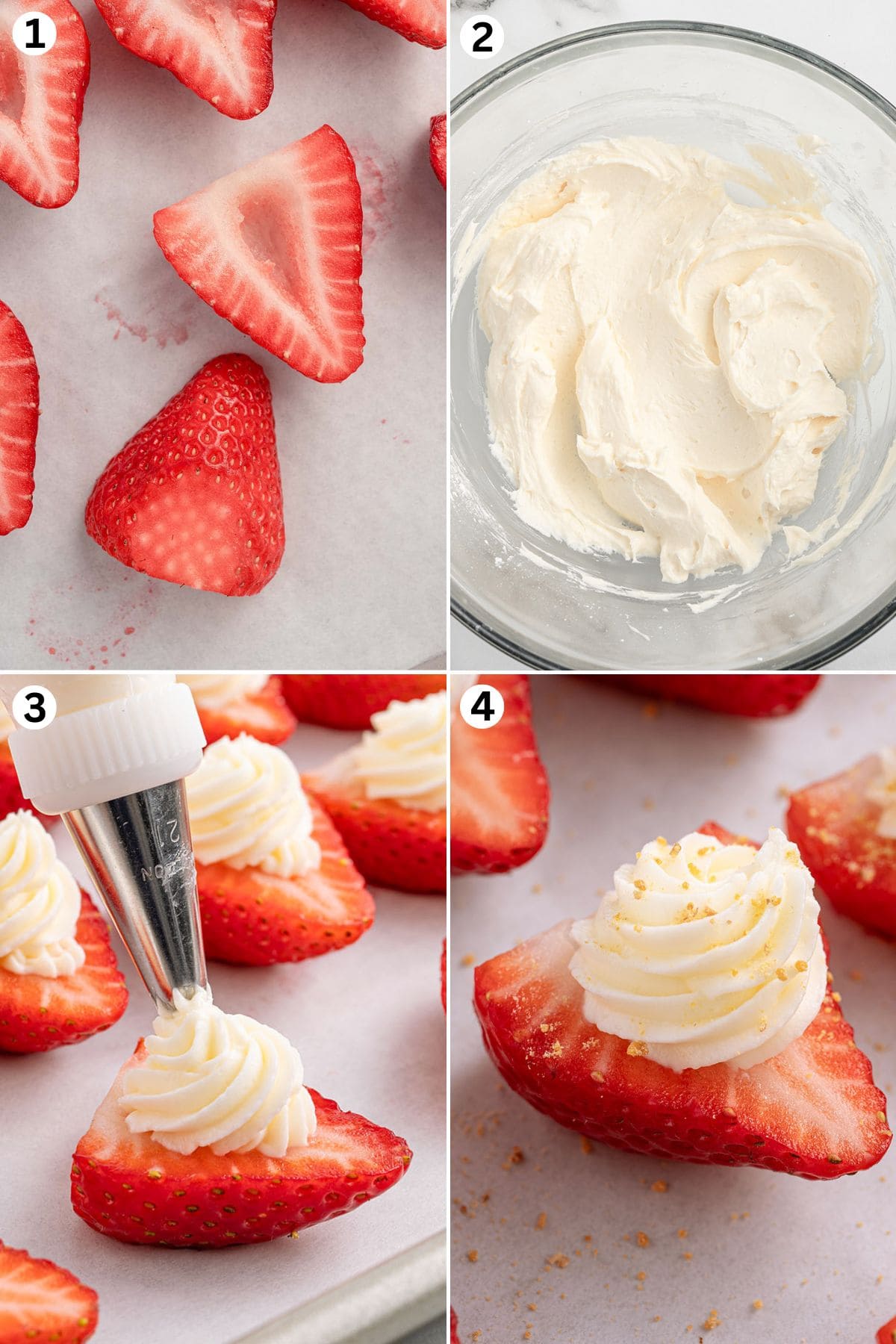 Slice the strawberries in half horizontally. Gently fold the whipped cream into the cream cheese mixture. Pipe the cream cheese filling into the hollowed center of the strawberry. Sprinkle crushed graham cracker crumbs over the cream cheese filling.