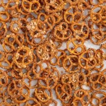 butter toffee pretzels on a sheet pan.