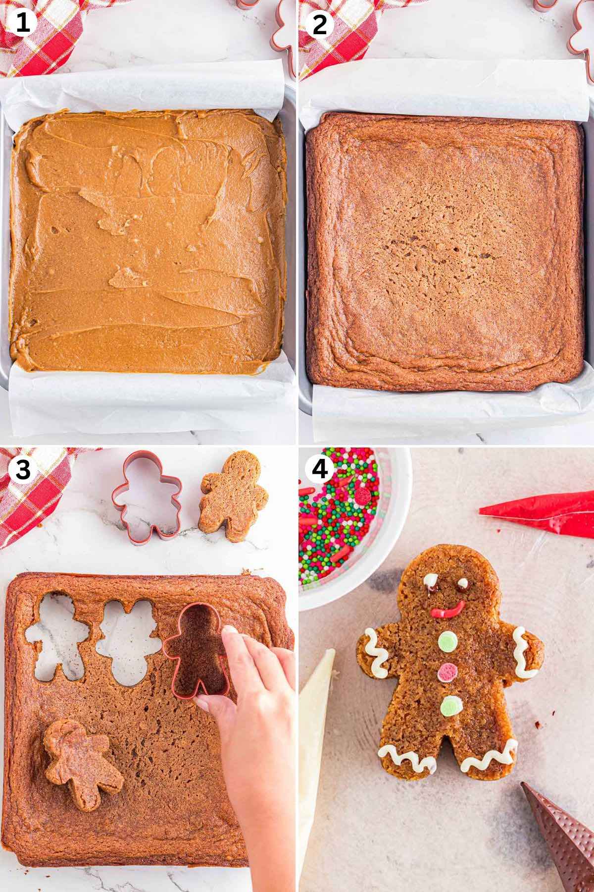 Spread the batter into the baking pan and bake. cut with cookie cutter. decorate the gingerbread. 