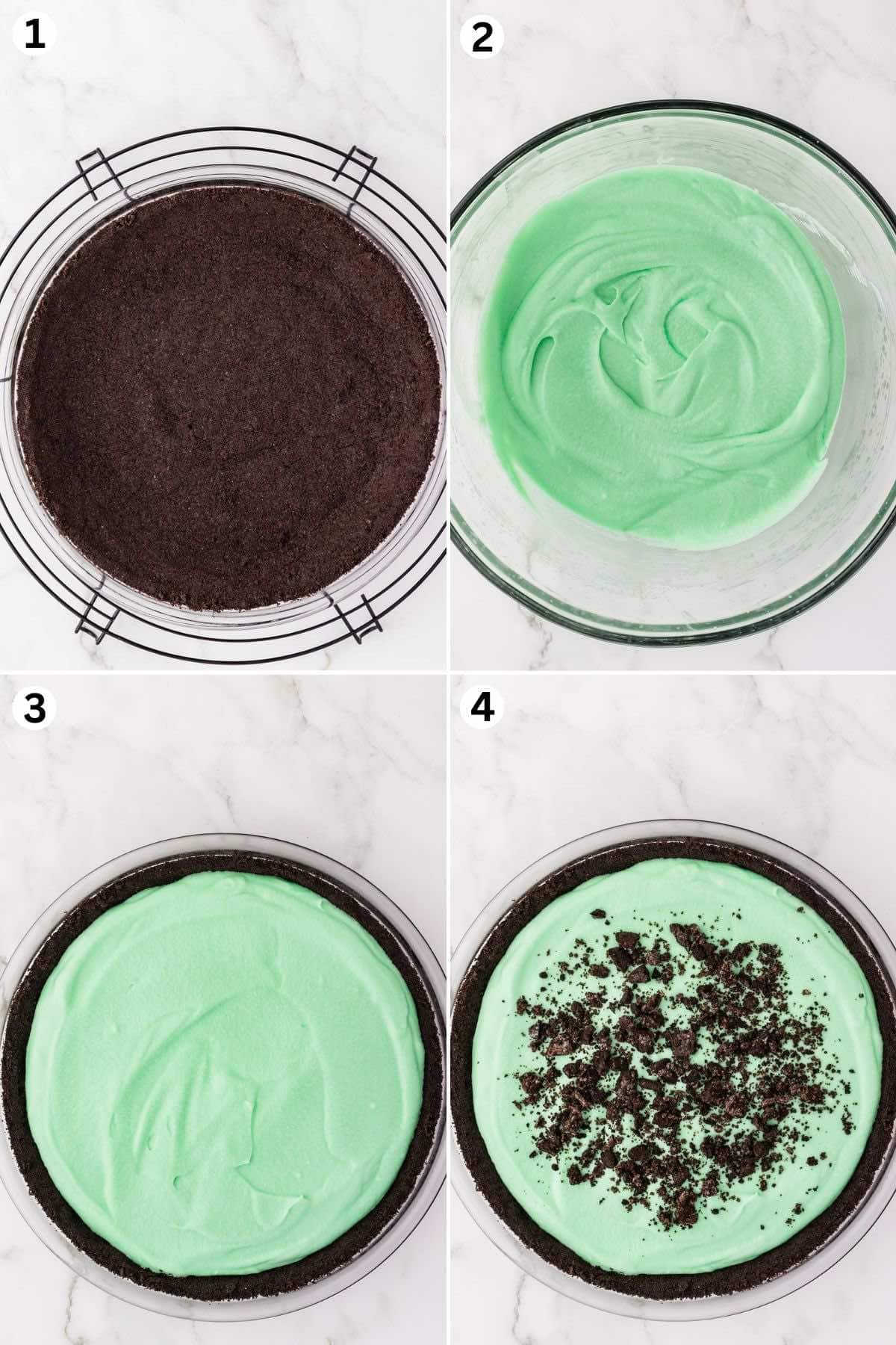 create the crust and bake. Mix in the green food coloring into the pie filling and spread into the chocolate pie crust.