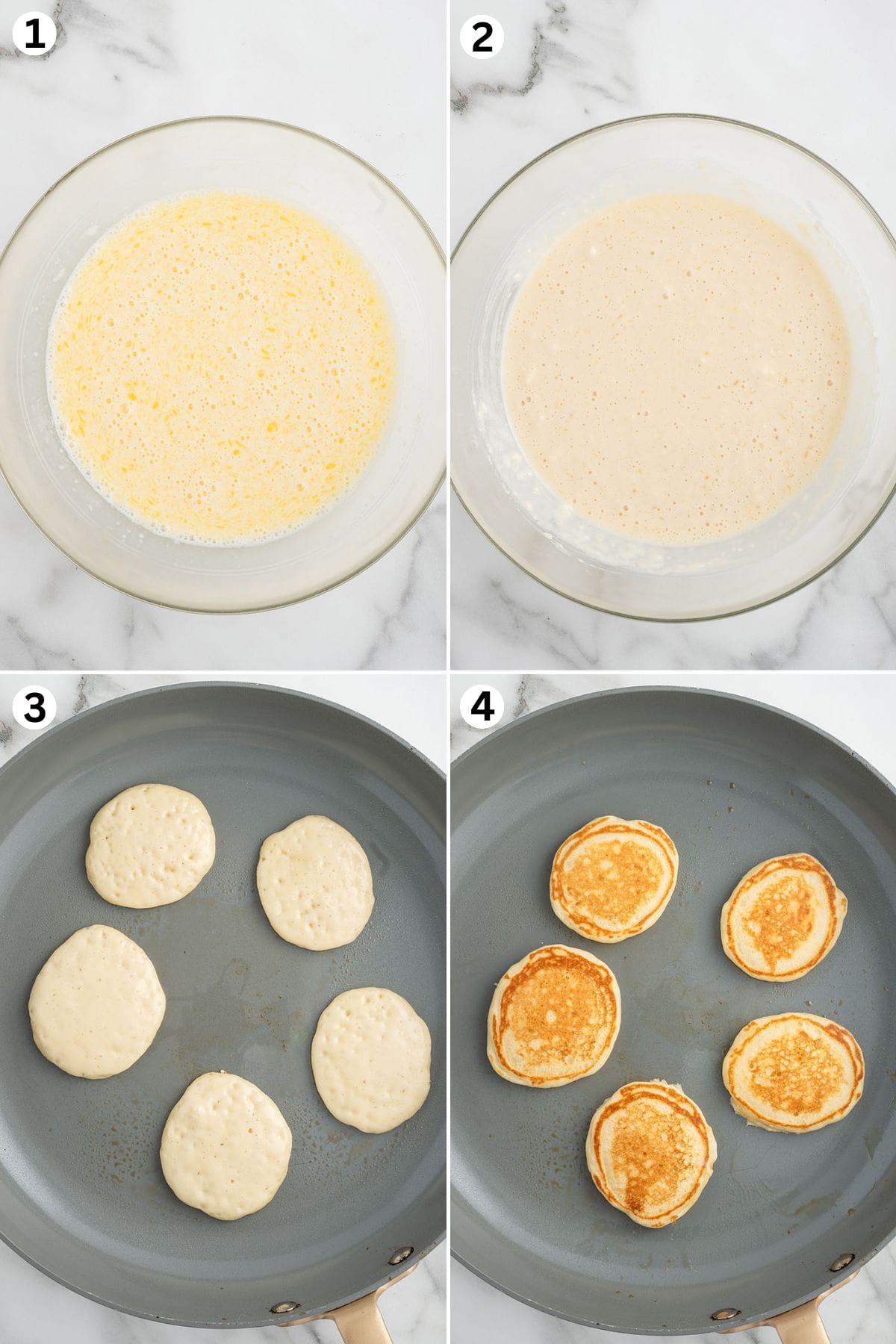 Whisk together the milk, egg, melted butter, and vanilla extract. Stir the wet ingredients into the dry ingredients. Spoon 1 tablespoon of pancake batter in a circle shape. Flip the pancakes and cook until the bottoms are golden brown.