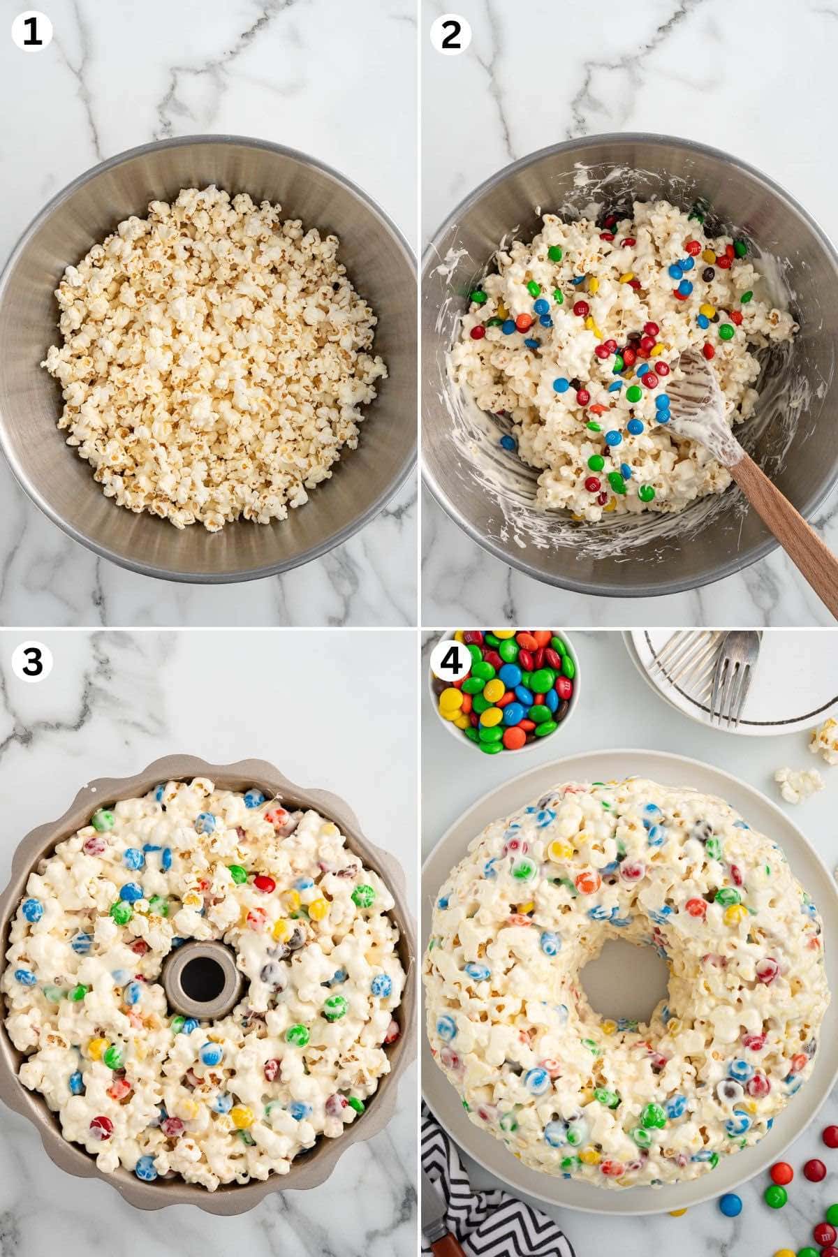 In a large bowl add the popped popcorn. Pour the melted mini marshmallow mixture over the popcorn. Press the coated popcorn mixture into the prepared Bundt cake pan. Invert the cake onto a plate.