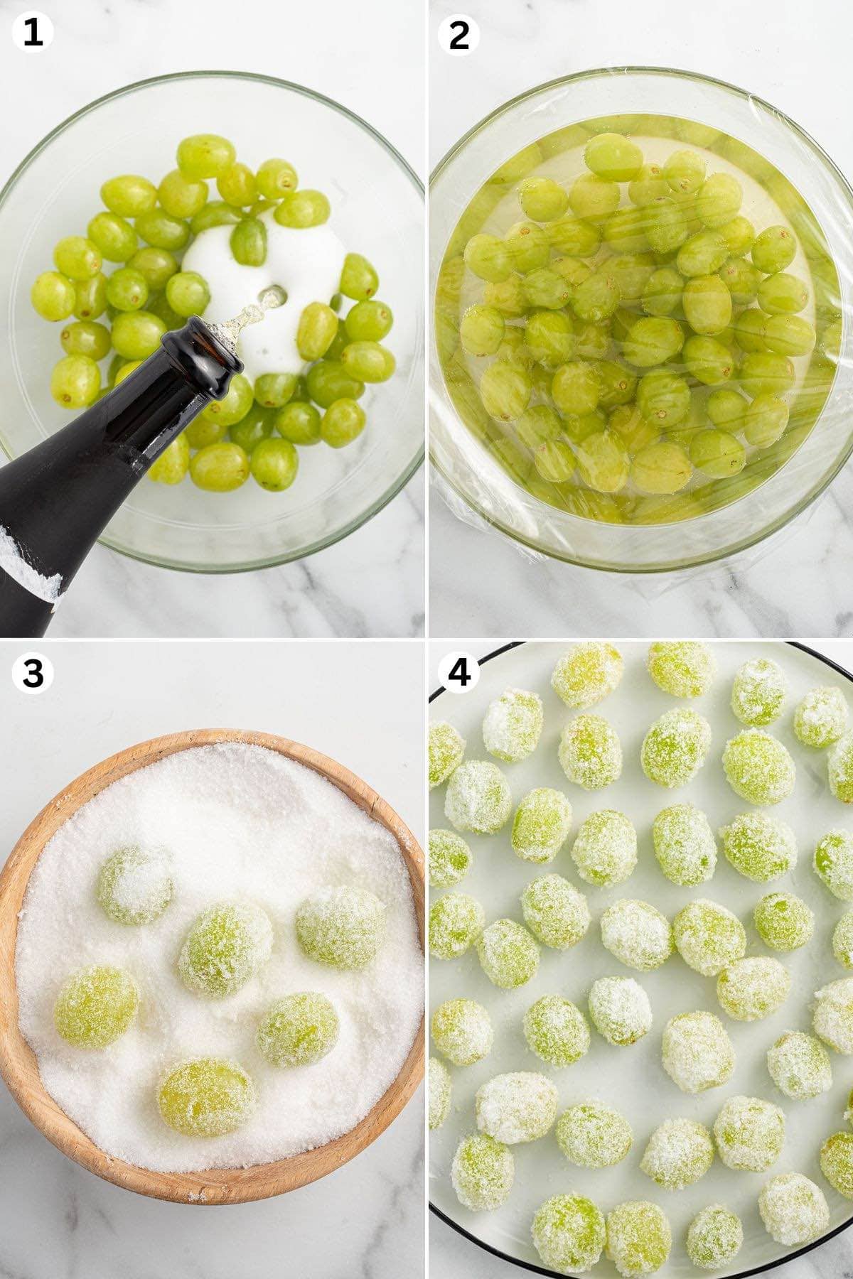 Pour champagne over the grapes. Cover with plastic. Toss in sugar to coat. Place in the freezer, once finished coating in sugar.