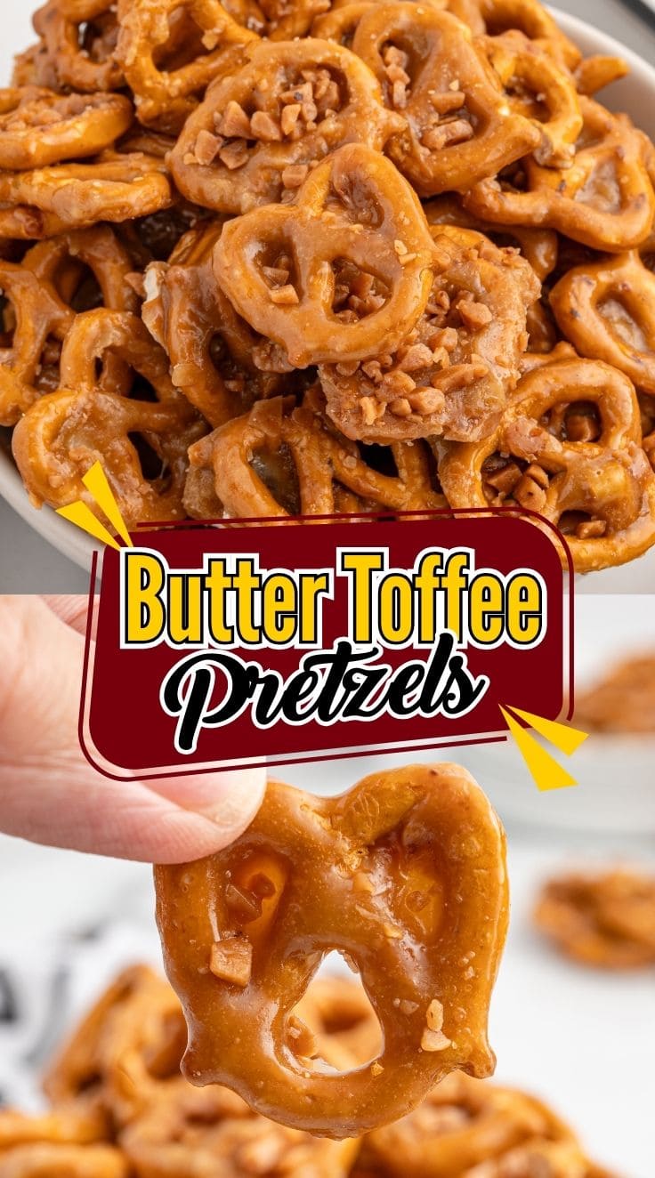 Bowl of butter toffee pretzels coated in sweet buttery toffee, served as a holiday snack mix. A hand holding a piece of Butter Toffee Pretzels