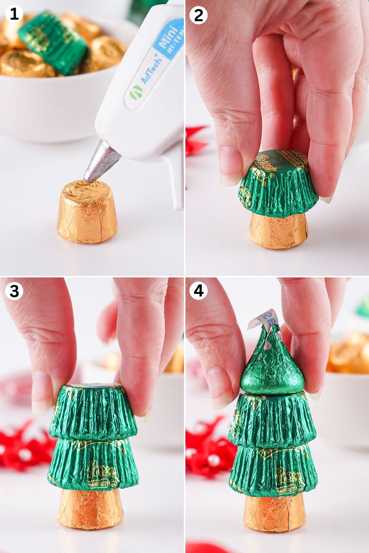 Create candy Christmas trees: glue a Rolo as the base, stack two mini Reese’s cups, top with a Hershey’s Kiss, and add a decorative red bow.