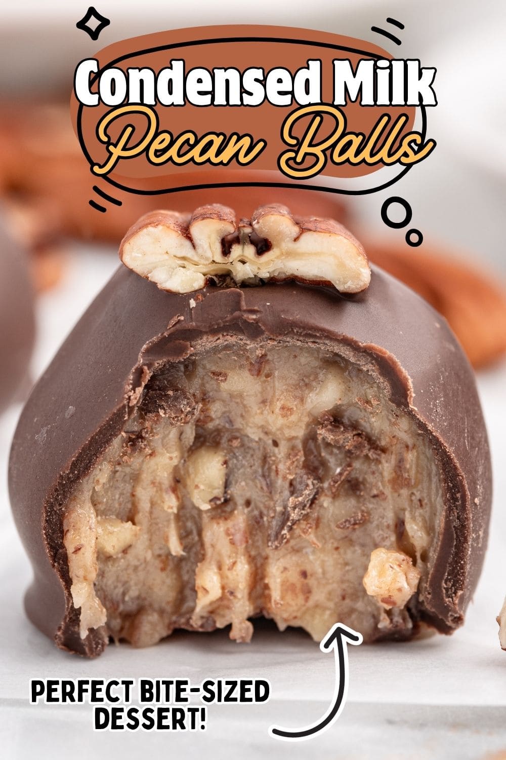 Half bitten Condensed Milk Pecan Balls showing the rich texture inside