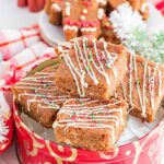 gingerbread blondies inside a red tin can.