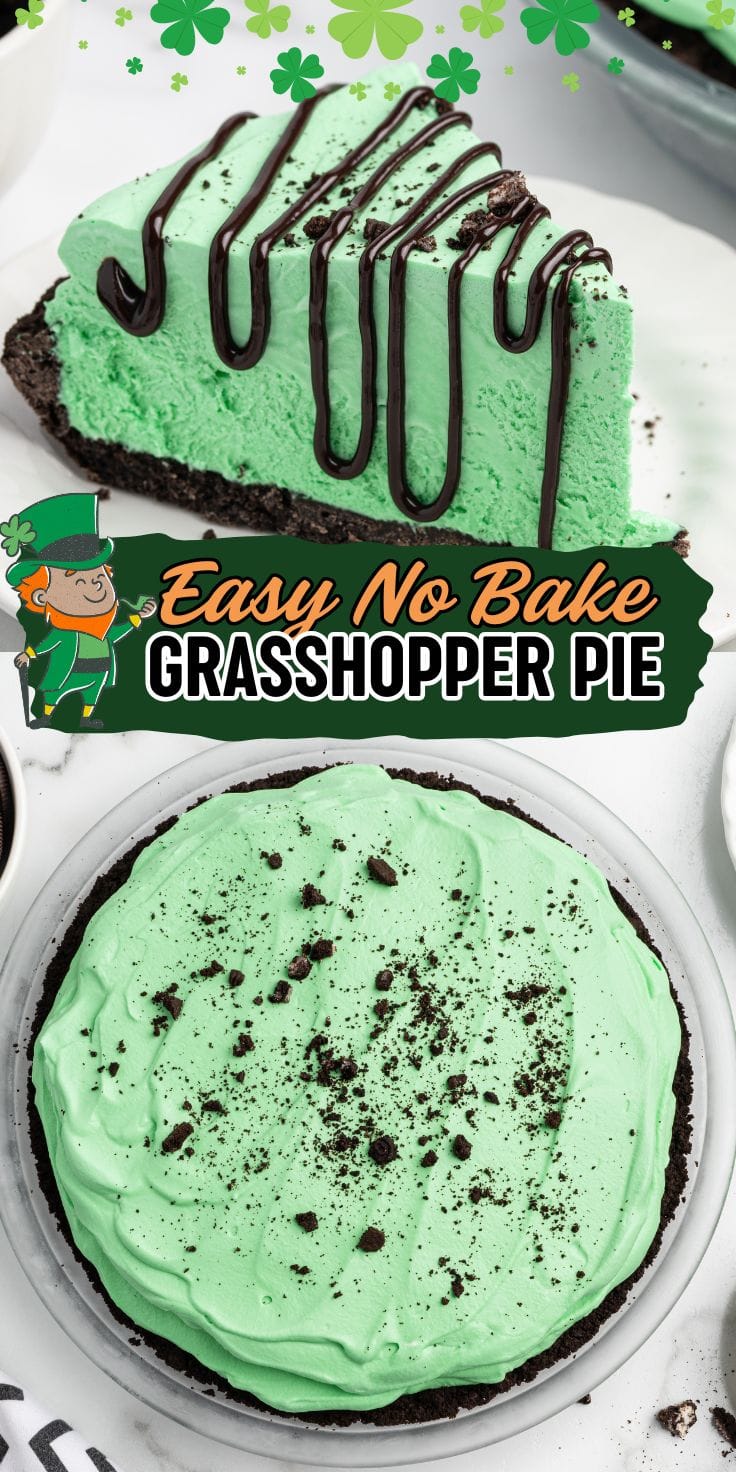 A slice of grasshopper pie drizzled with chocolate served on a plate