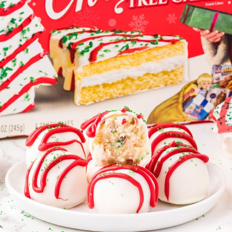 little debbie christmas tree cake balls on a plate.