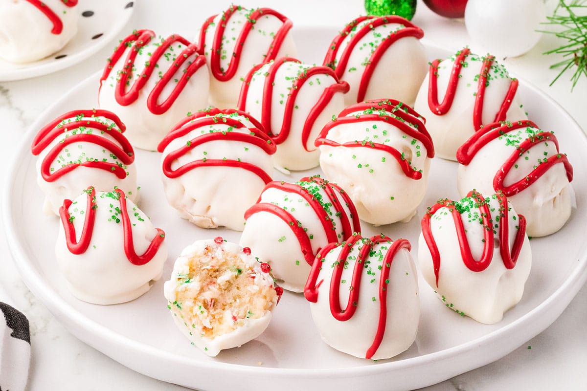 little debbie christmas tree cake balls served on a white plate.