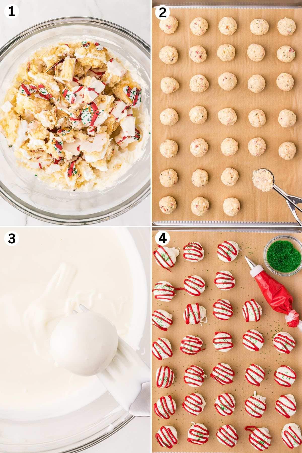 Mix cream cheese and cake pieces, roll into balls, dip in melted white chocolate, decorate with red drizzle and green sprinkles.