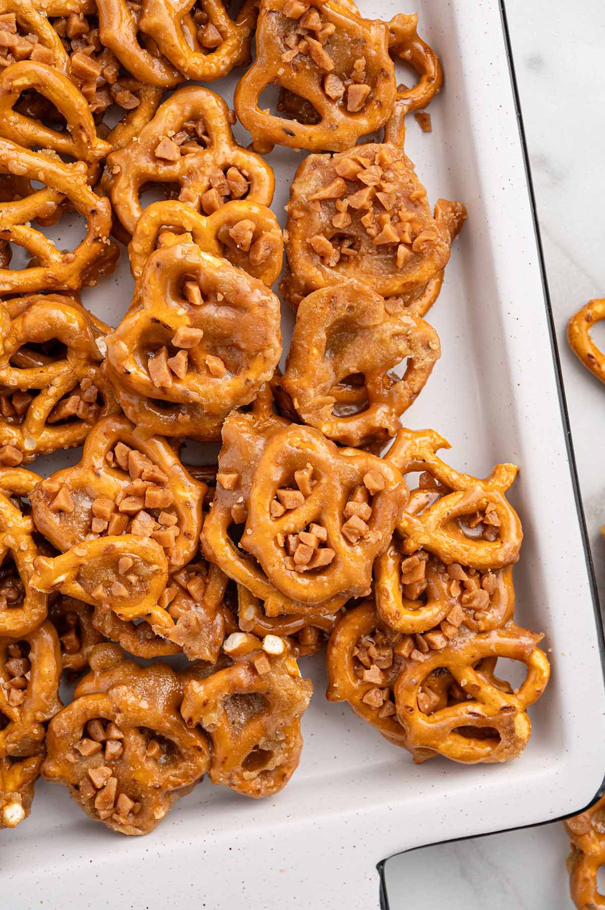 A tray of butter toffee pretzels.