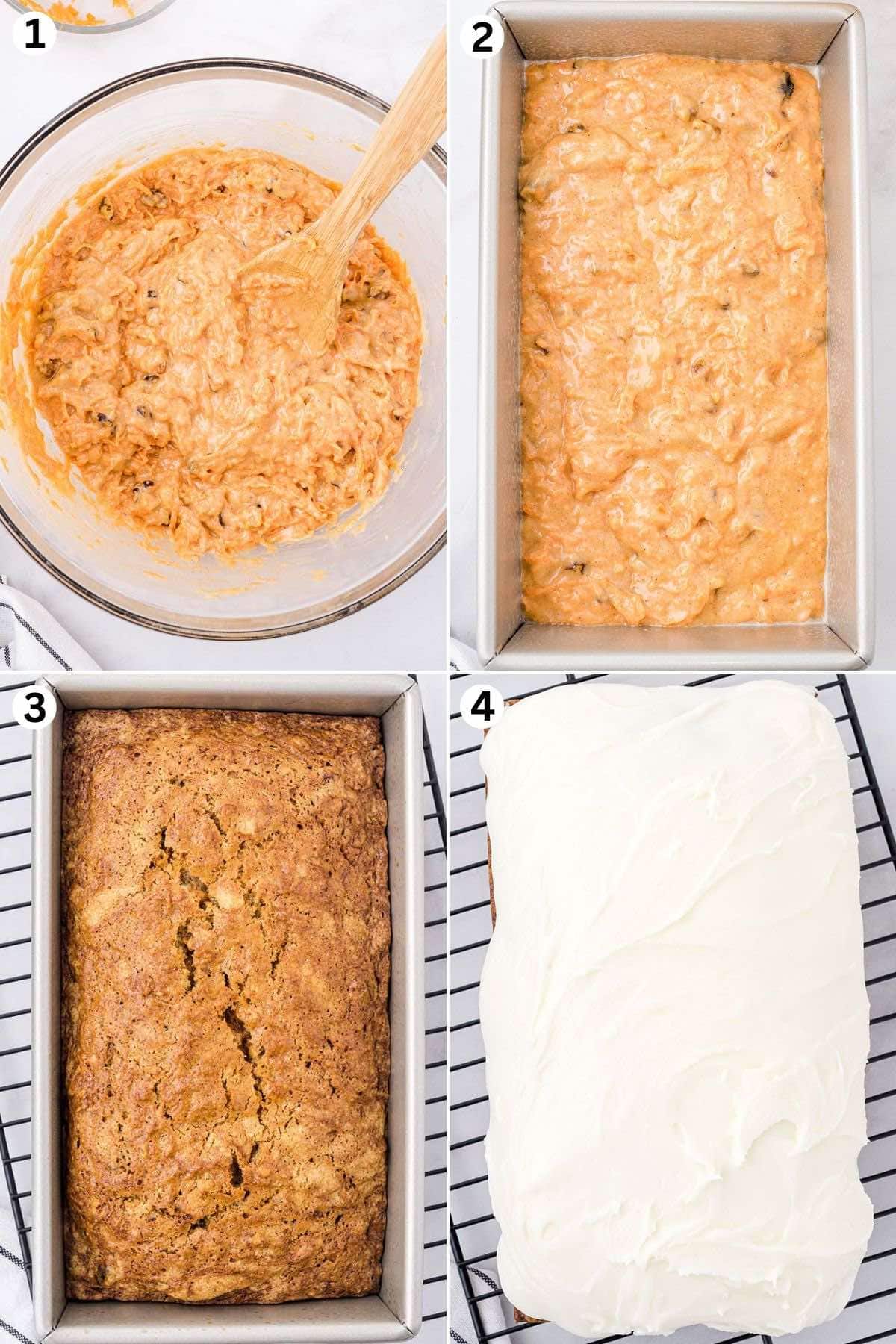 mix batter with dry and wet ingredients, pour into a loaf pan, bake until golden, and spread frosting over the cooled loaf.