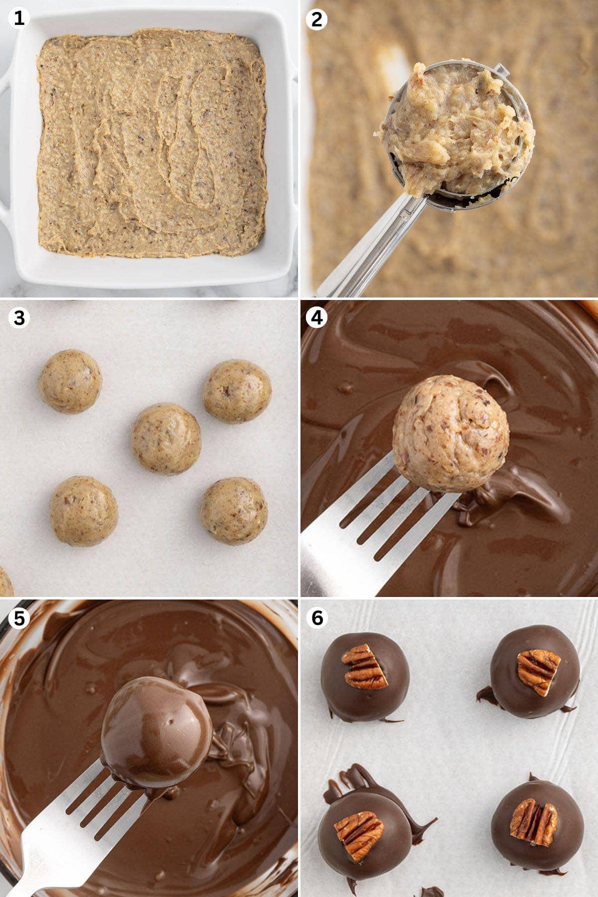 Make the condensed milk mixture and the pecan mixture. Roll round balls, melt the chocolate until melted. Dip and decorate each pecan ball into the melted chocolate.