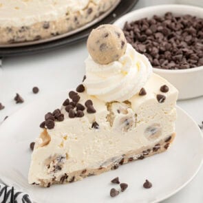 a slice of cookie dough cheesecake.