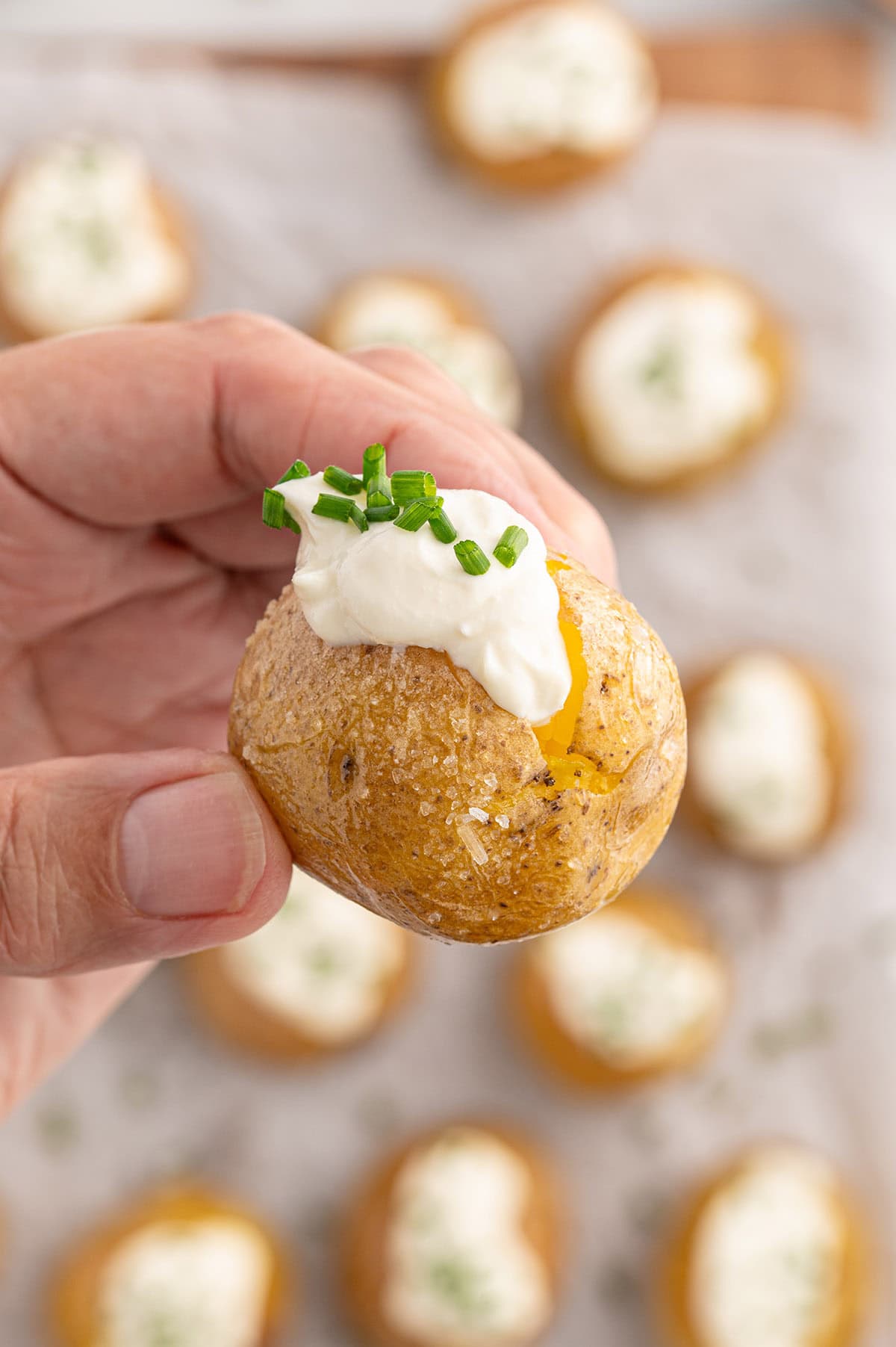 A hand holding a mini baked potato topped with sour cream and chopped chives.