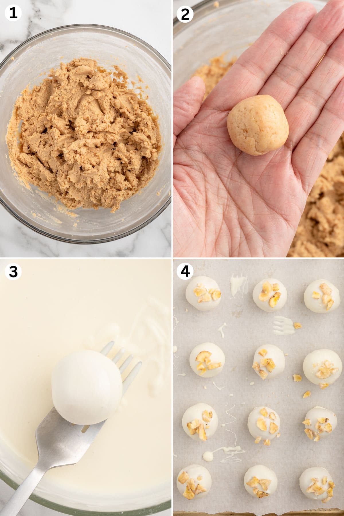 Mixing the dough, forming truffle balls, dipping in white chocolate, and topping with crushed banana chips.