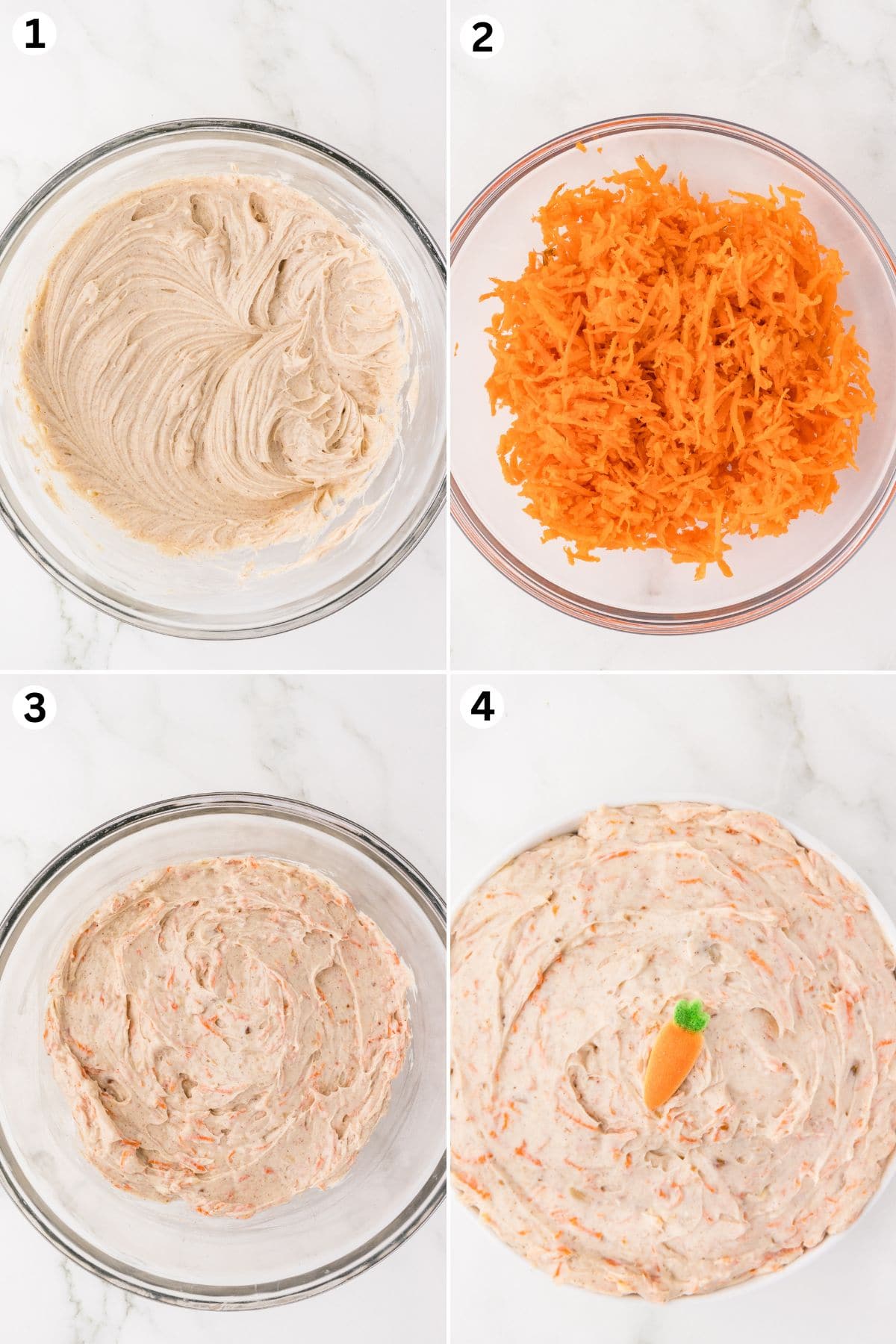 Cream cheese mixture beaten with spices in a bowl. Shredded carrots prepared in a separate bowl. Carrots folded into the cream cheese mixture. Final carrot cake dip in a serving dish, topped with a decorative carrot.