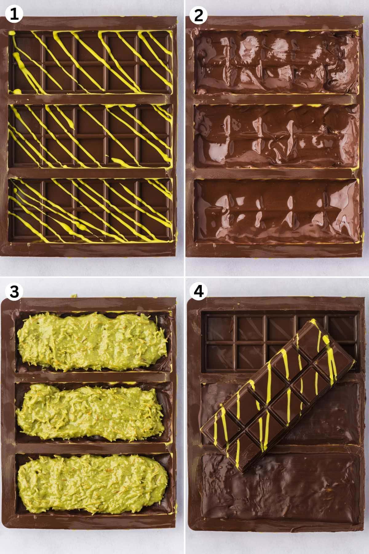 chocolate molds with yellow drizzle, filled molds with melted chocolate, layers of green pistachio filling, and finished chocolate bars ready for serving.