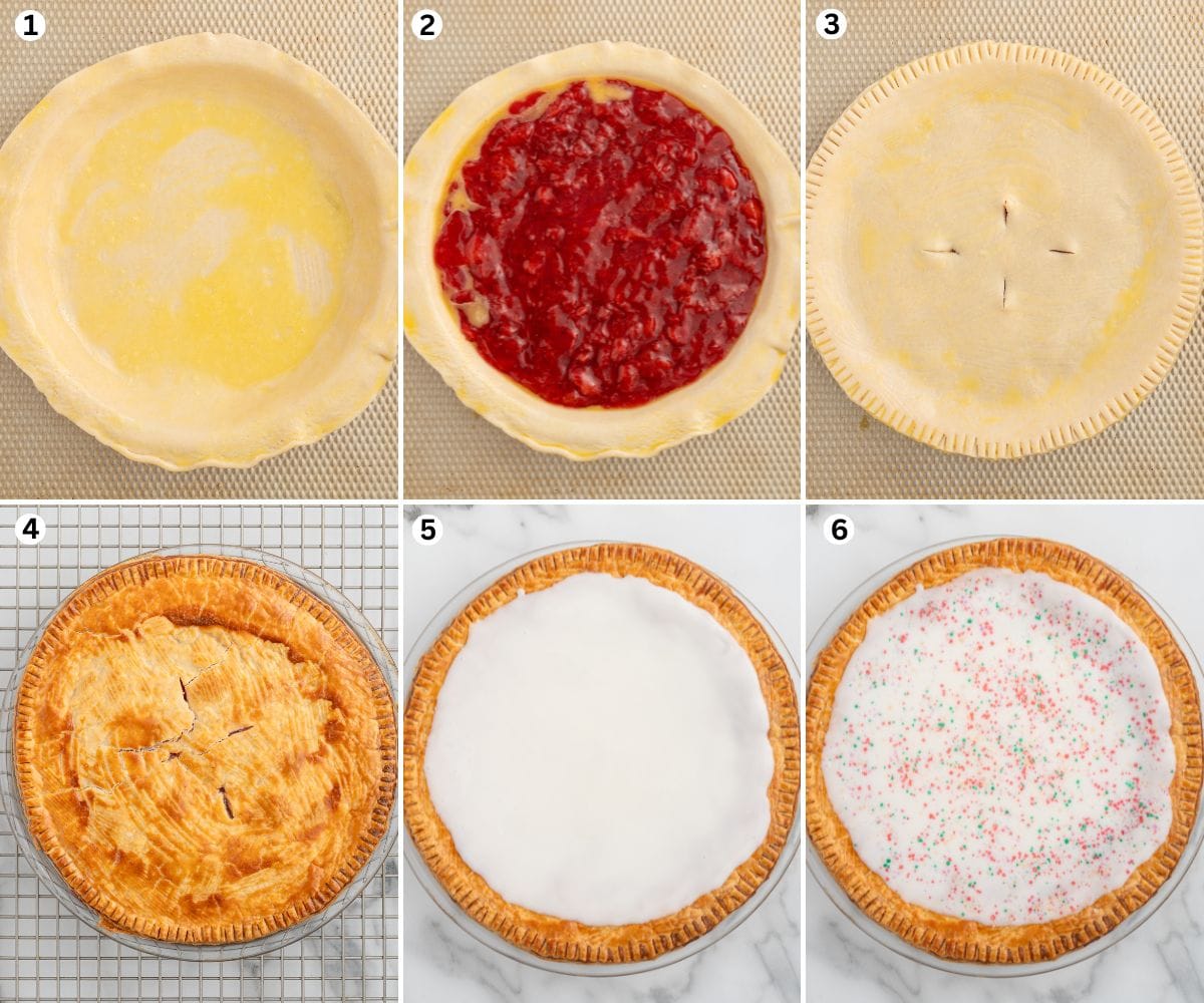 Bottom pie crust brushed with egg wash in a pie dish. Strawberry filling spread evenly over the crust. Top pie crust sealed with fork edges and slits cut for steam. Golden-baked pie cooling on a rack. White glaze spread on top, finished with rainbow sprinkles.