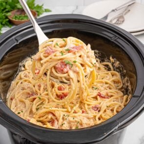 Chicken spaghetti lifted from a slow cooker.