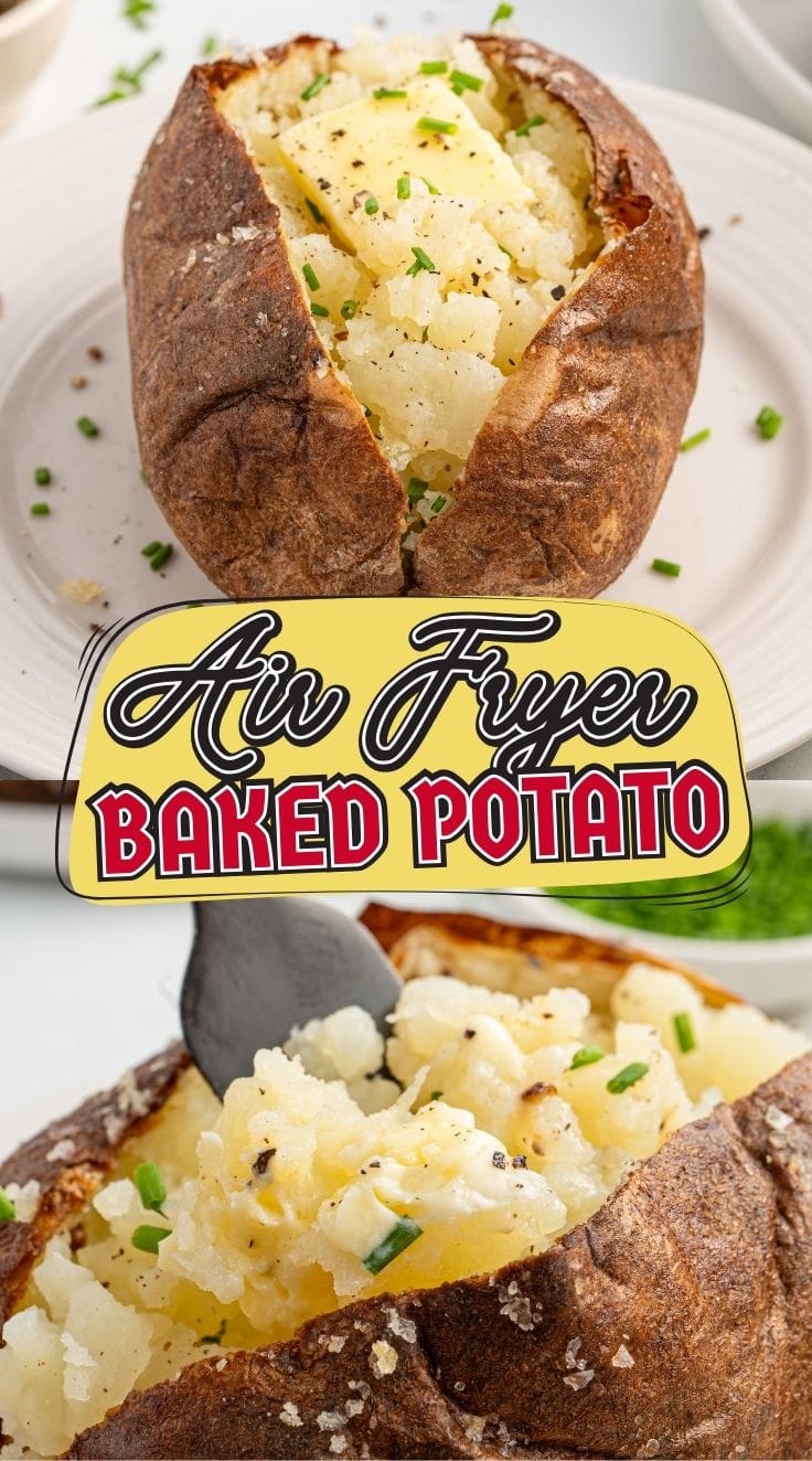Air fryer baked potato with crispy skin and fluffy inside served as a simple side dish.