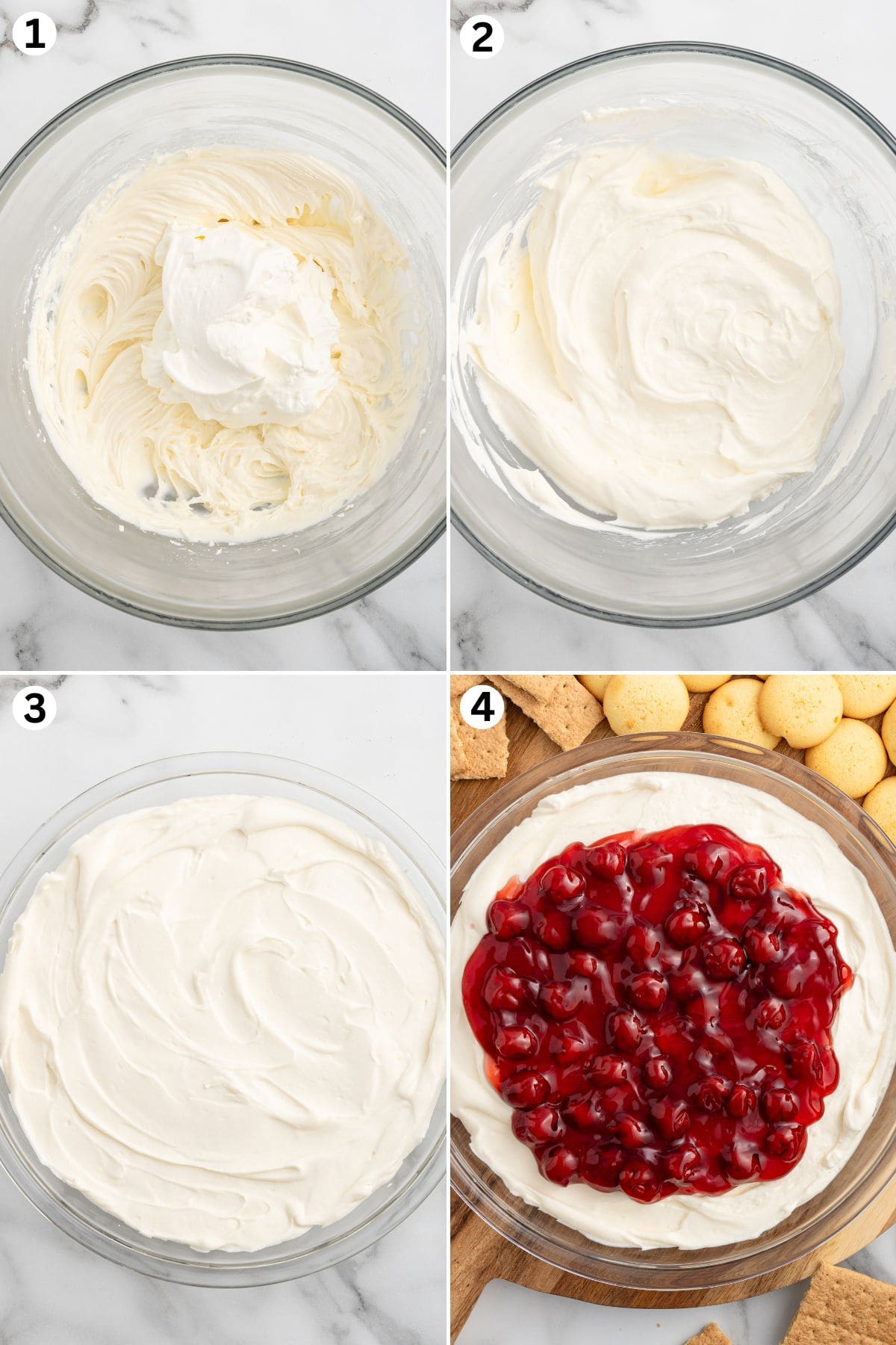 Whipped cream and cream cheese mixture in a bowl, fully combined cheesecake dip, dip spread in a dish, and topped with cherry pie filling.