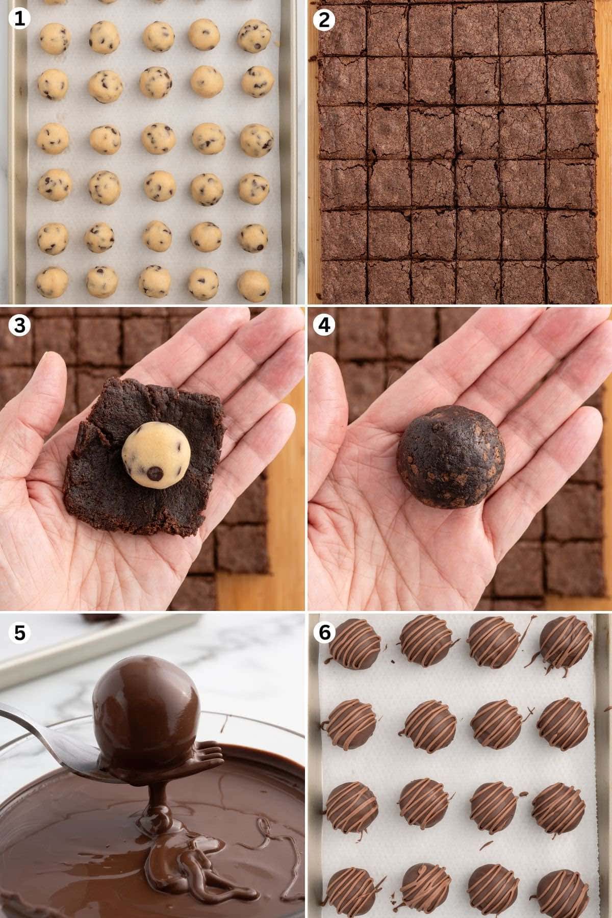 Cookie dough balls on a tray, brownies cut into squares, placing a cookie dough ball on a brownie square, wrapping the brownie around the dough, dipping in melted chocolate, and finished brownie bombs with a chocolate drizzle.