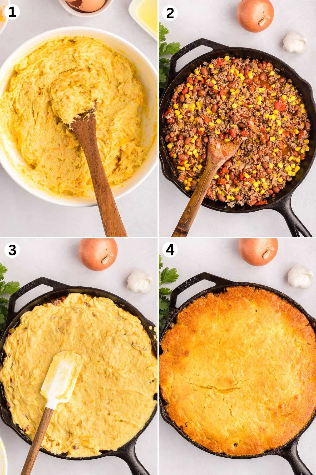 Cornbread batter mixed in a bowl, beef and vegetable mixture cooking in a cast iron skillet, cornbread batter spread over the chili mixture, and baked golden cornbread casserole in the skillet.