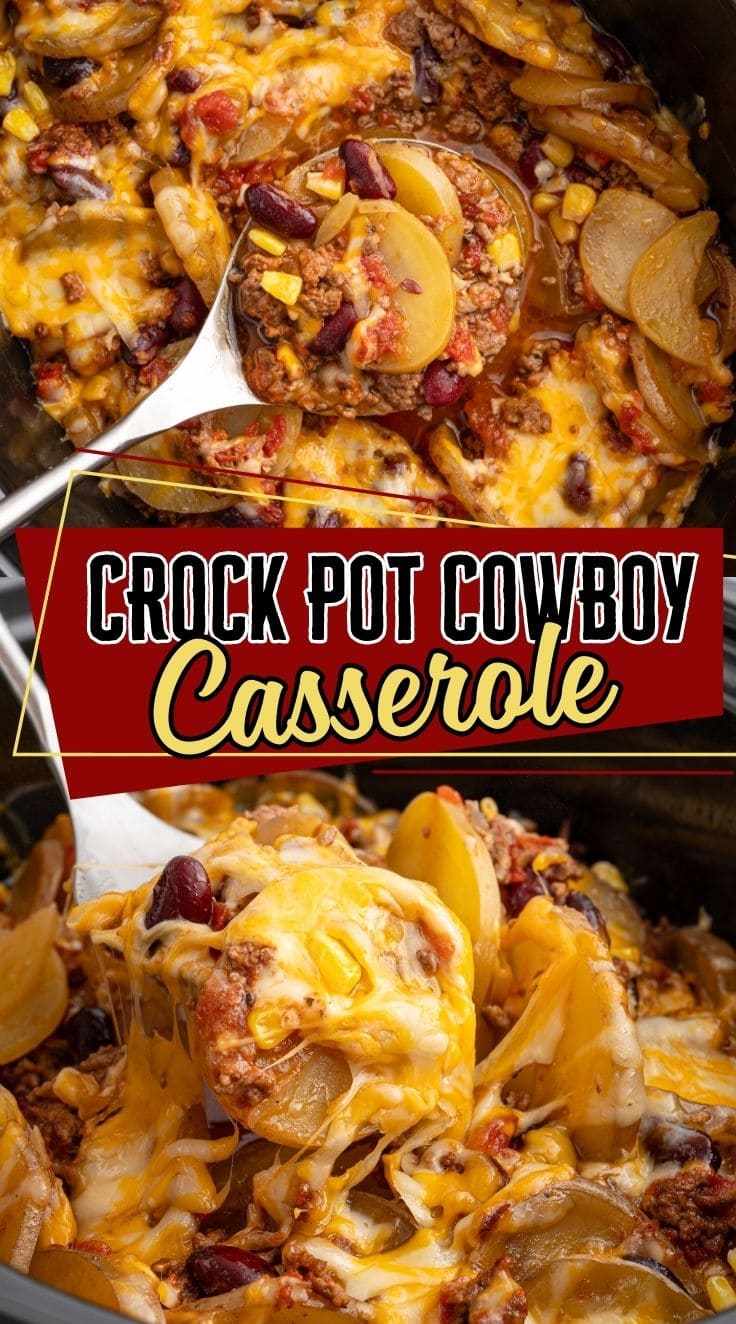 A spoon digging into cheesy Crock Pot Cowboy Casserole