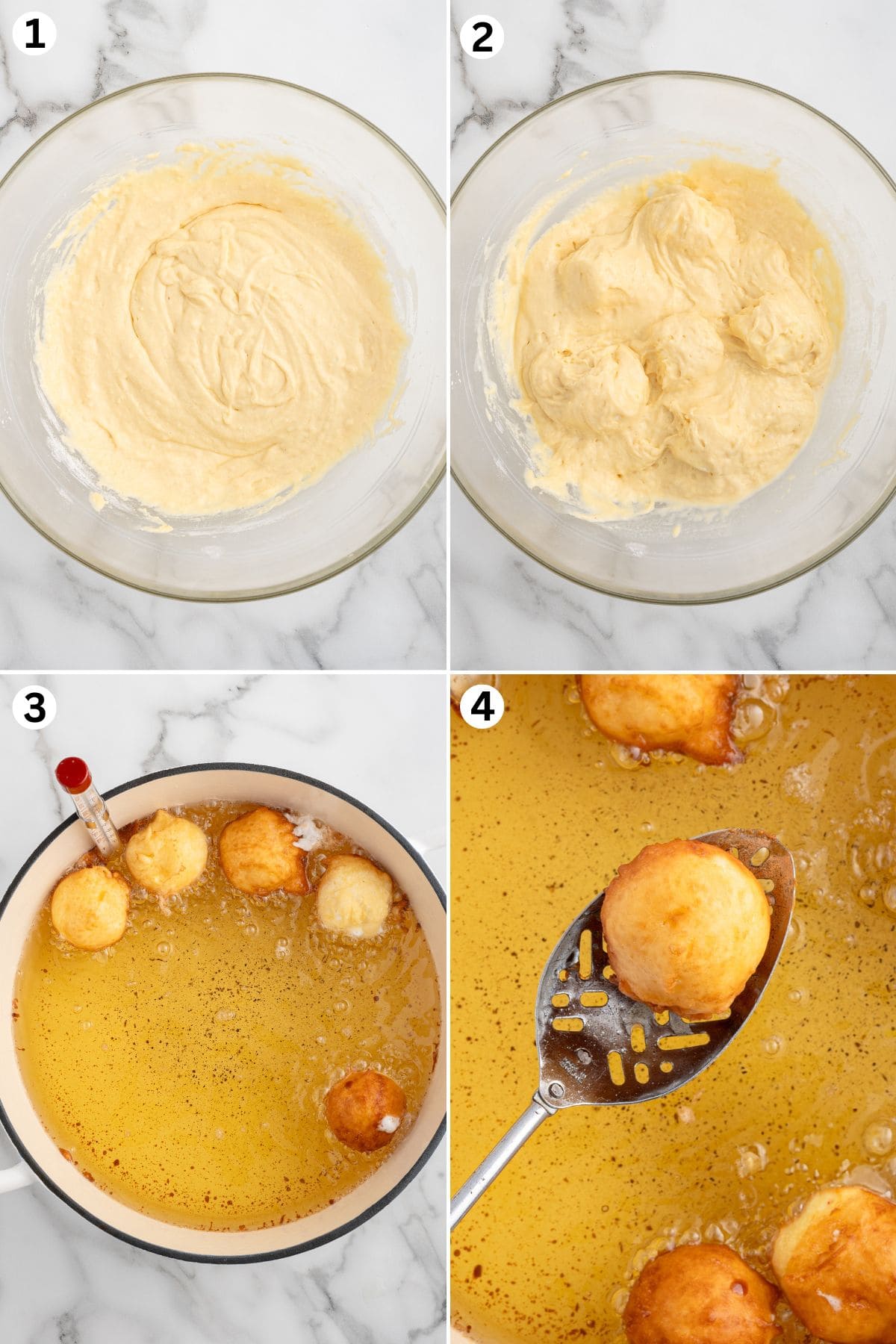 Pancake batter mixed in a bowl, marshmallows coated in batter, frying marshmallows in hot oil, and draining golden marshmallows.