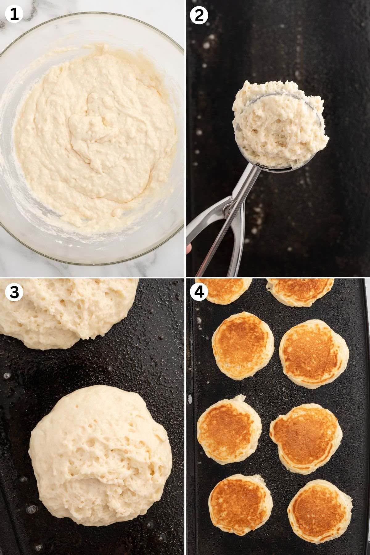 Pancake batter in a bowl, batter scooped onto a griddle, and golden brown pancakes cooking on a griddle.