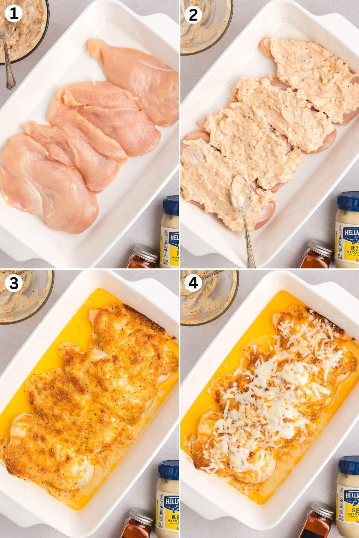 Melt-in-your-mouth chicken baked in a casserole dish with a seasoned mayo and cheese topping, golden and bubbly.