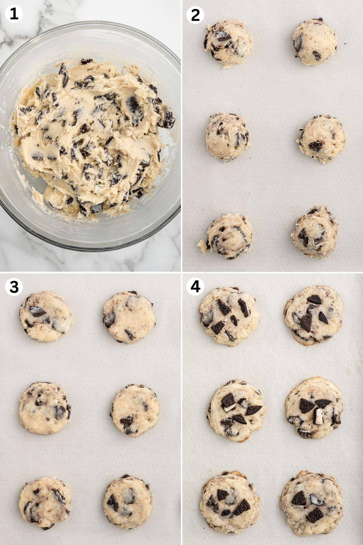 Oreo cheesecake cookie dough in a bowl, scooped dough balls on a tray, flattened cookies, and baked cookies.