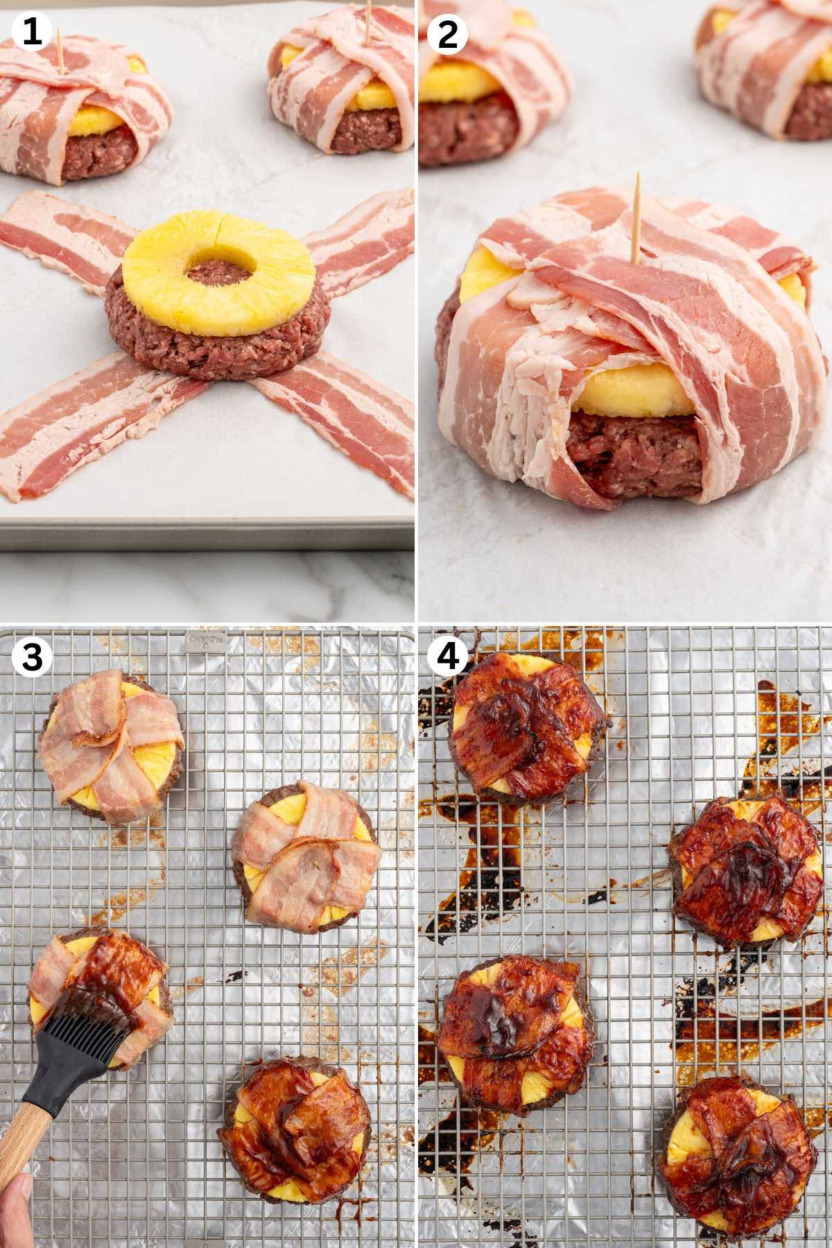 Bacon-wrapped burger with pineapple, brushed with barbecue sauce, baked on a rack.