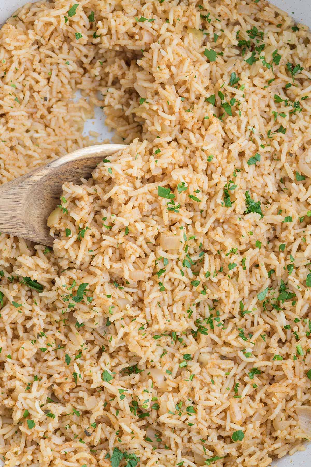 seasoned rice in a pan. 