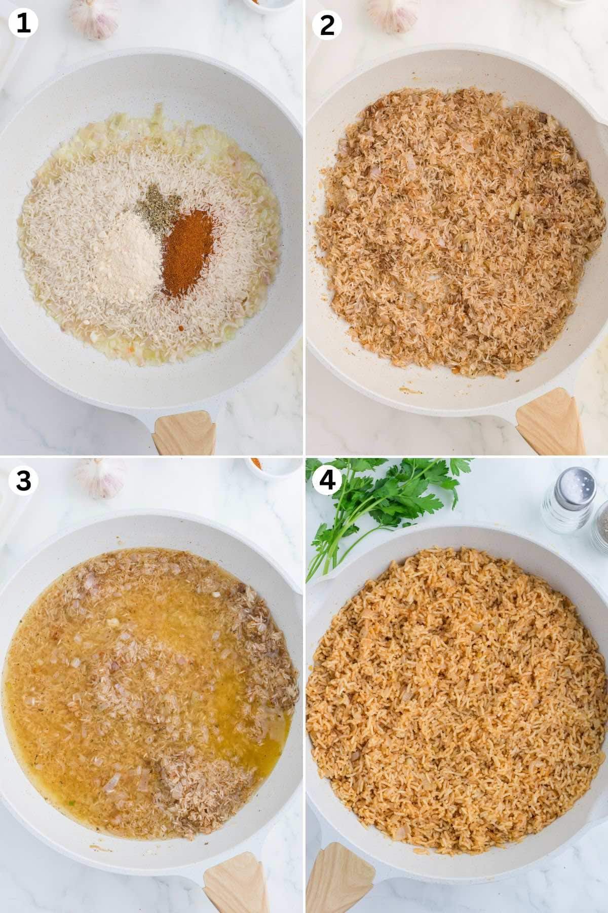 Uncooked rice and spices in a skillet, rice toasting in the pan, chicken broth added to the rice, and finished seasoned rice in the skillet garnished with parsley.