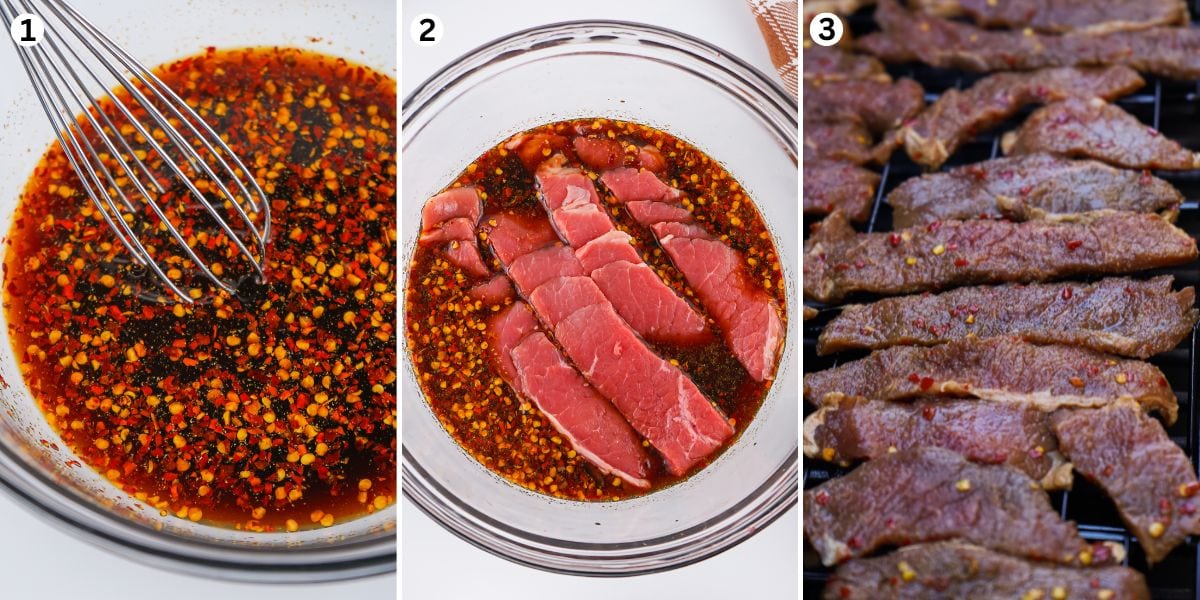 Spicy marinade in a bowl with a whisk, sliced steak marinating in a bowl, and marinated beef slices on smoker racks.