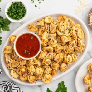 Air fryer tortellini on a platter.