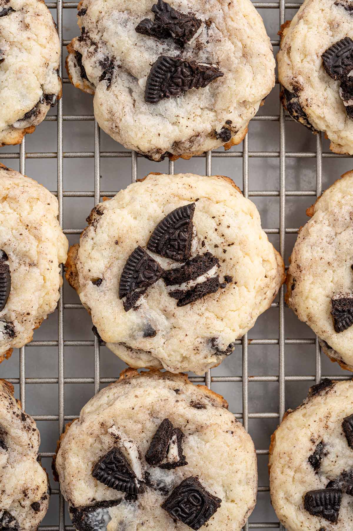 Oreo Cheesecake Cookies on top of cooling rack. 