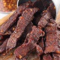 A close up smoked beef jerky.