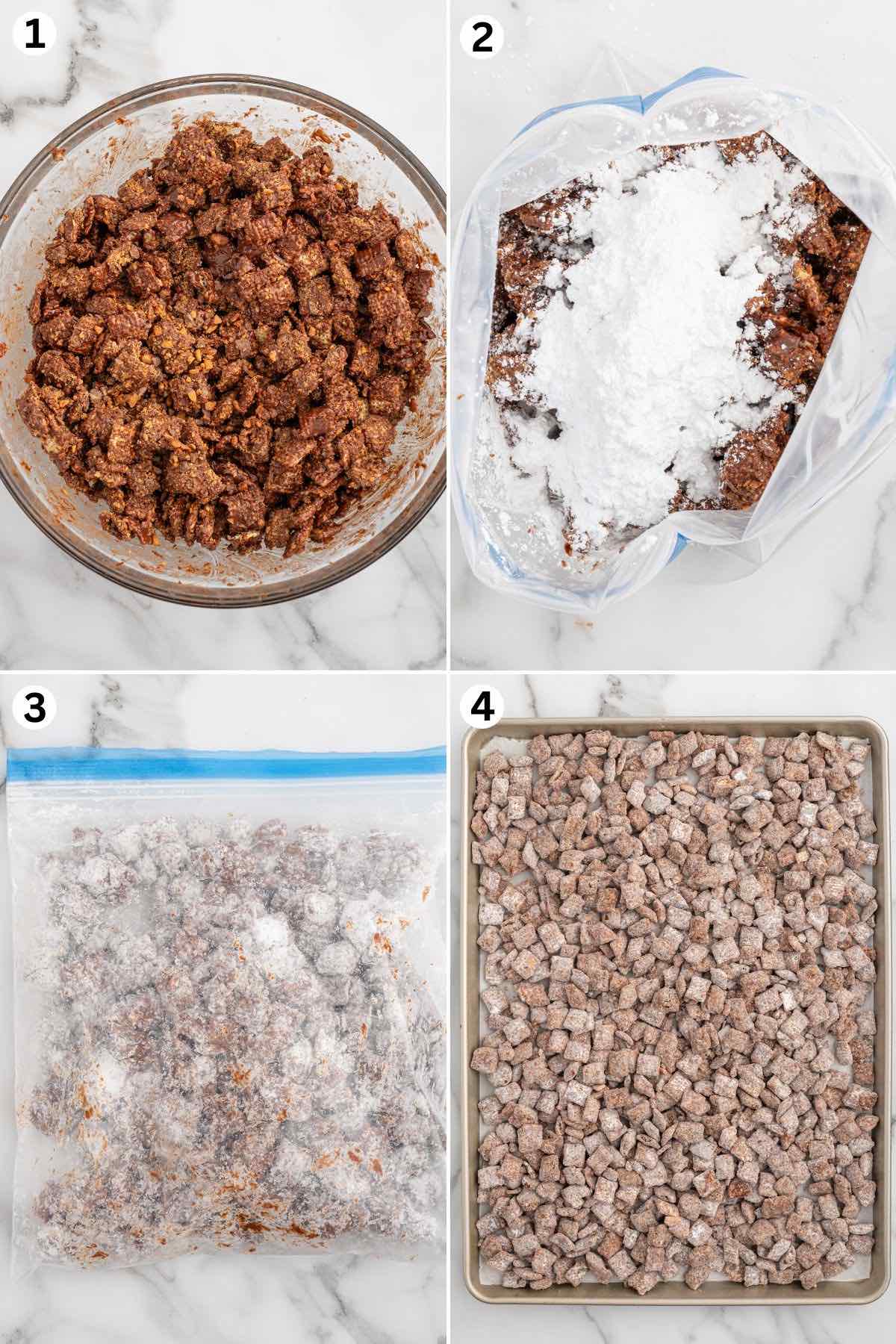 The cereal is coated in a melted chocolate peanut butter mixture, shaken with powdered sugar, and spread out to dry.