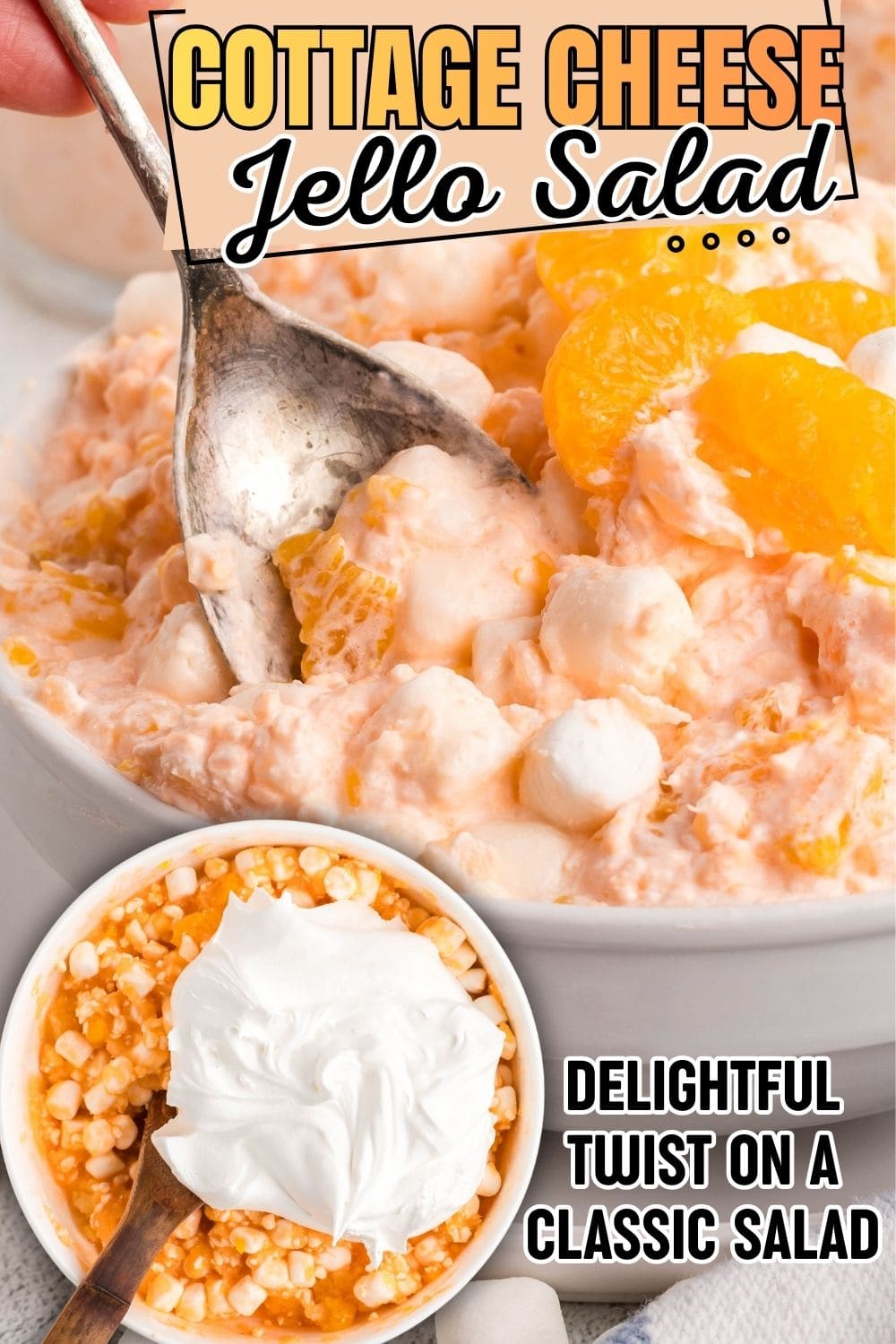 a spoon digging into Cottage Cheese Jello Salad in a bowl.