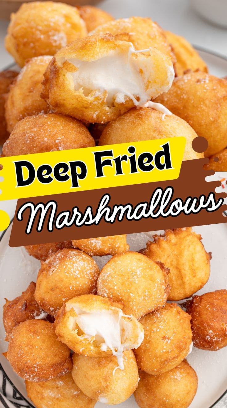 Deep fried marshmallows served on a white plate. Biten deep fried marshmallow close up showing the gooey melted marshmallow inside.