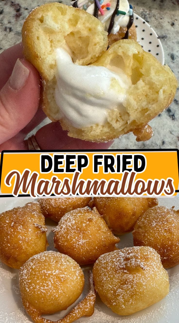 hand holding deep fried marshmallow showing the gooey center part. Deep fried marshmallows served on a white plate dust with fine sugar.