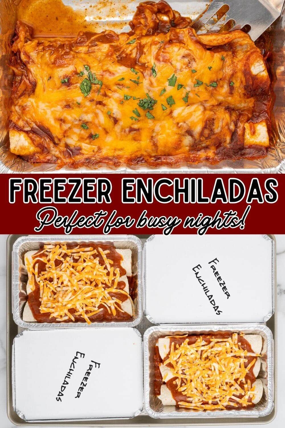 Freezer Enchiladas packed into four small foil pans, perfect for meal prep