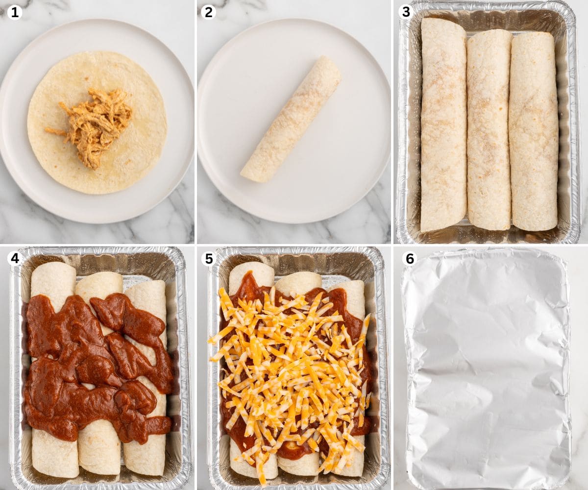 Chicken enchiladas are rolled, placed in aluminum pans, topped with enchilada sauce and cheese, covered with foil, and frozen.